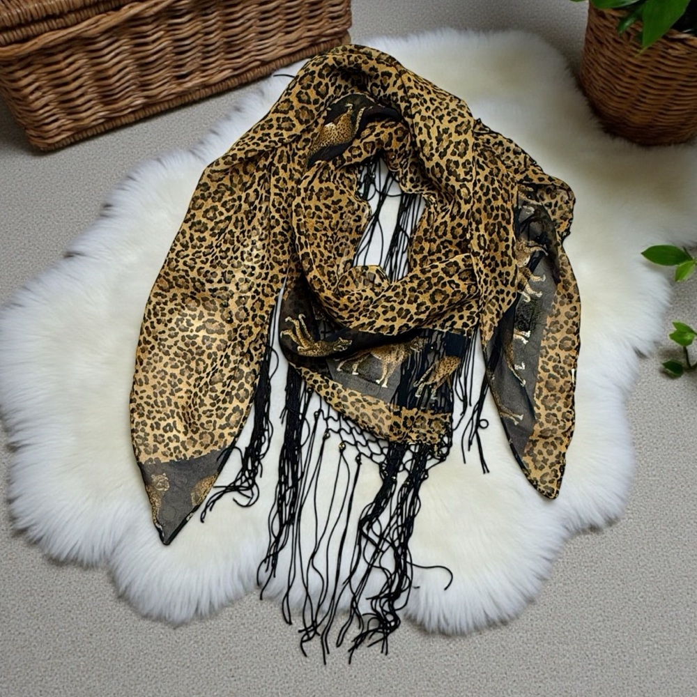 Leopard Print Tassel Fringe Long Statement Drapey Triangular Scarf Wrap Shawl